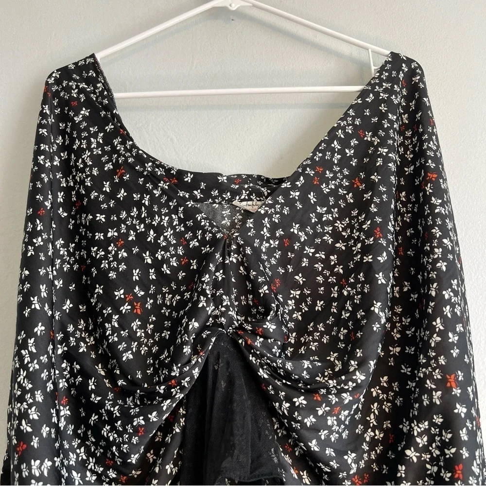 NWT Intimately Free People deep V black Floral printed bodysuit Sz S Witchy Goth